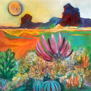 Colorful desert painting with pink blooming cactus, orange and teal succulents, rock formations and golden sunset sky