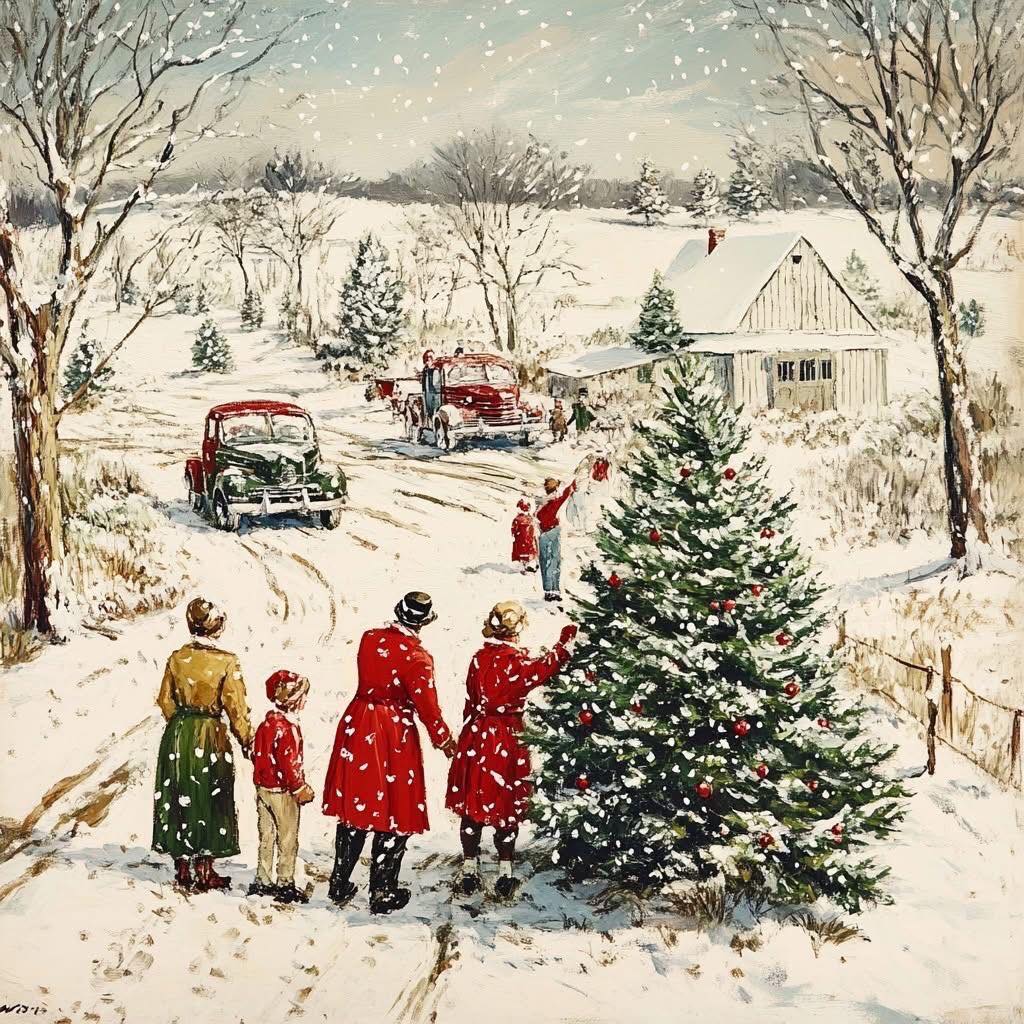 Family decorating Christmas tree in snow near cottage with vintage red truck on country road