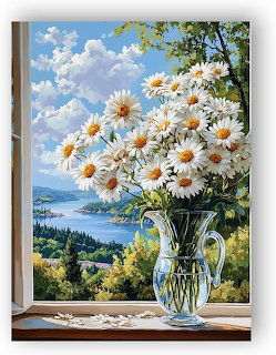 White daisies in clear vase on windowsill with scenic mountain and lake view