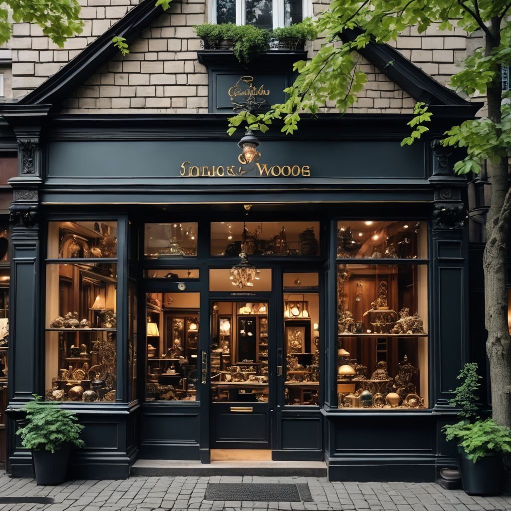 Dark green antique shop storefront with large display windows full of decorative objects and trees framing the entrance