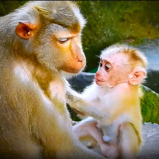 Adult monkey holding and looking at baby monkey in natural outdoor setting