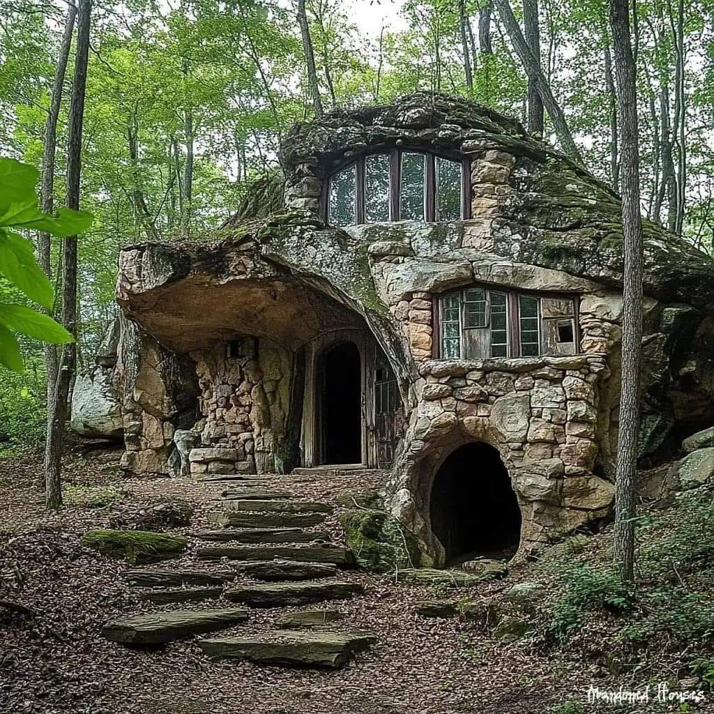 Rustic stone house built into natural rock surrounded by forest trees with stone steps leading to entrance