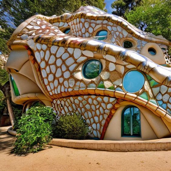 Whimsical organic house with mosaic-patterned walls and round blue windows in a wooded setting