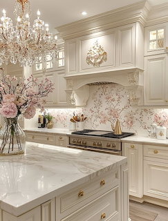 Elegant white kitchen with marble countertops, floral backsplash, crystal chandelier, and pink flowers
