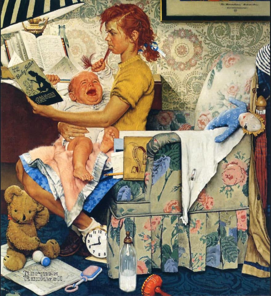 Painting of a babysitter holding a crying baby in a cluttered living room