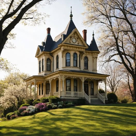 Victorian house with turrets, porch, and green lawn framed by tall trees