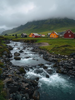 Colorful Nordic village houses beside a rocky stream with green hills and fog in the background