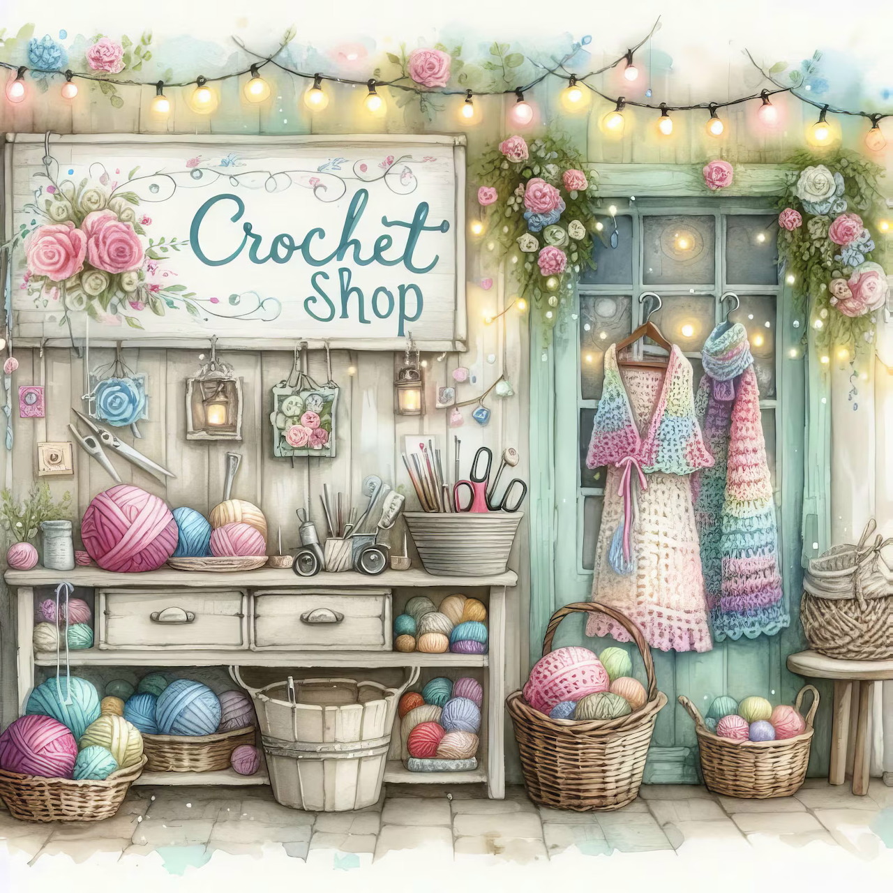 Pastel crochet shop illustration with yarn baskets, handmade dresses, flowers, and string lights
