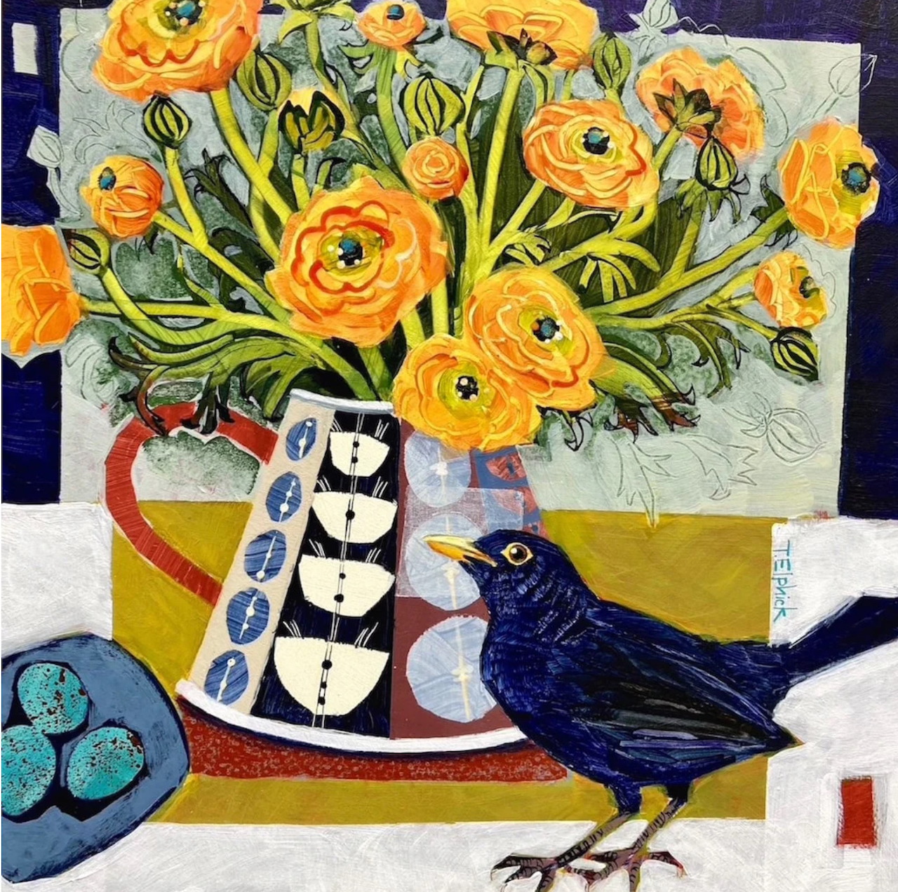 Painting of orange flowers in a vase with a blackbird and blue eggs on a table