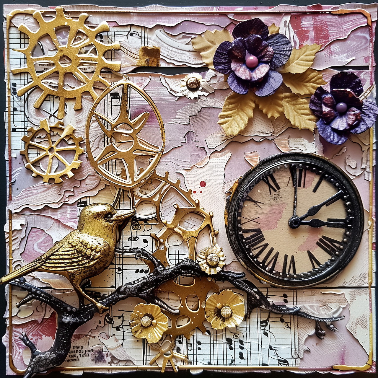 Shabby chic mixed media collage with vintage clock, gears, flowers, and bird on textured pastel background