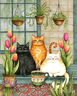 Three cats - black, orange, and white - sitting by a window with pink tulips and hanging potted plants