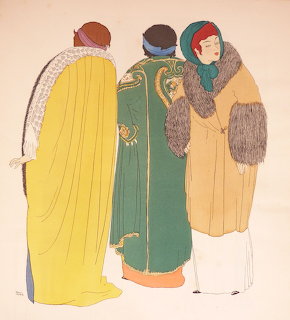 Three women in long coats and decorative hats, vintage 1908 fashion illustration
