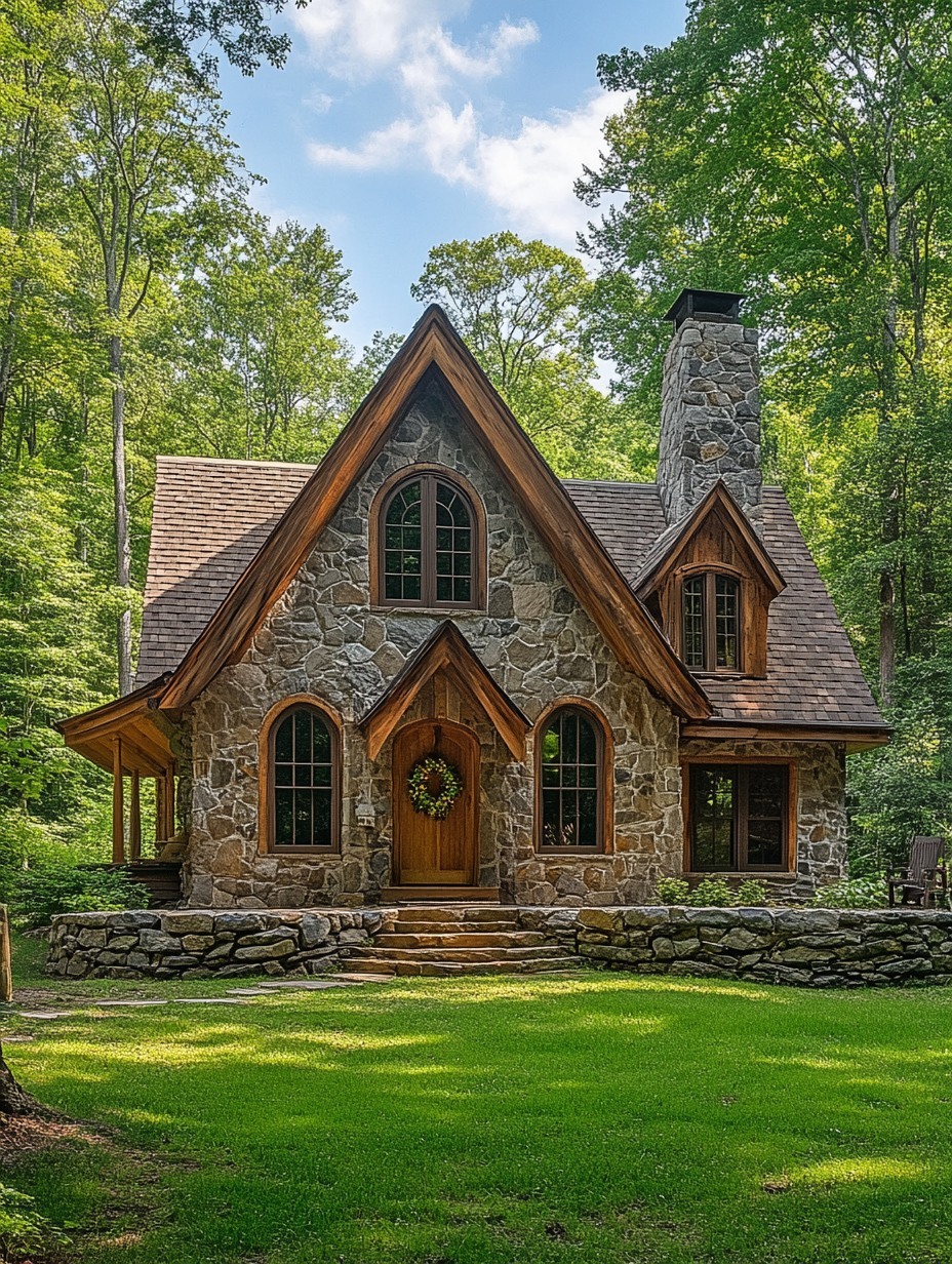 Stone cottage with steep gables in a grassy clearing surrounded by forest trees