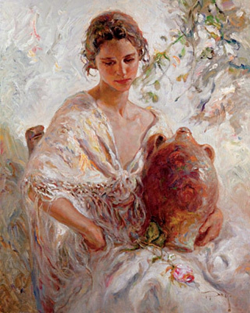 Impressionist painting of woman in white lace dress holding clay pot with flowers