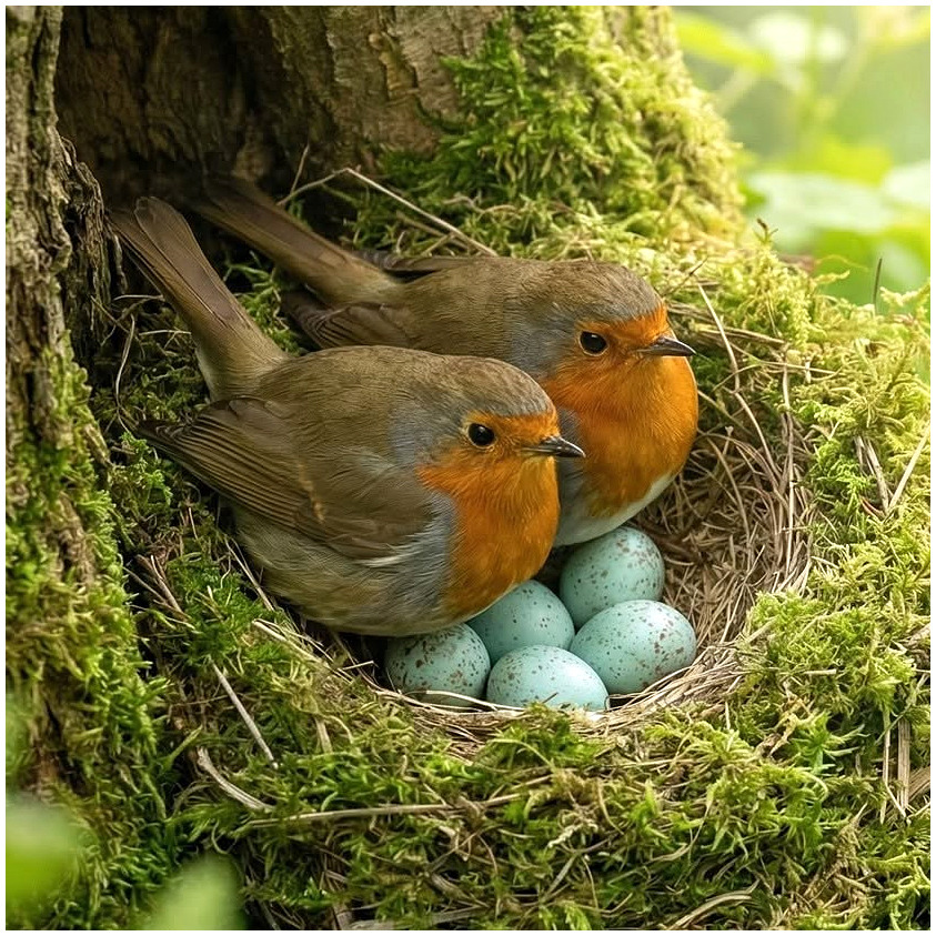 Two robins in a mossy nest with pale blue eggs beside a tree trunk