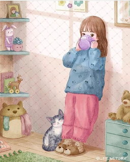 Illustrated girl holding a pink mug in a cozy room with a gray cat and teddy bear