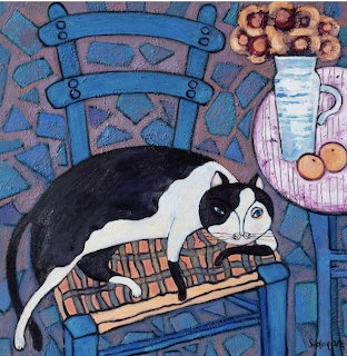 Black and white cat lying on blue wooden bench in folk art style painting