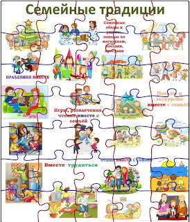 Cartoon collage of family traditions with illustrations of holidays, games, and activities labeled in Russian