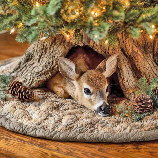 Baby deer fawn lying under Christmas tree with pine cones on fur rug