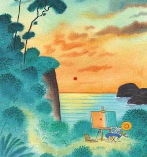 Illustration of a striped cat painting on an easel by the ocean at sunset surrounded by green trees
