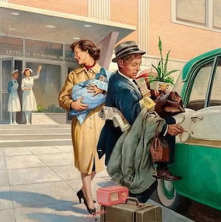 Couple with newborn baby leaving hospital maternity ward, vintage 1950s style illustration