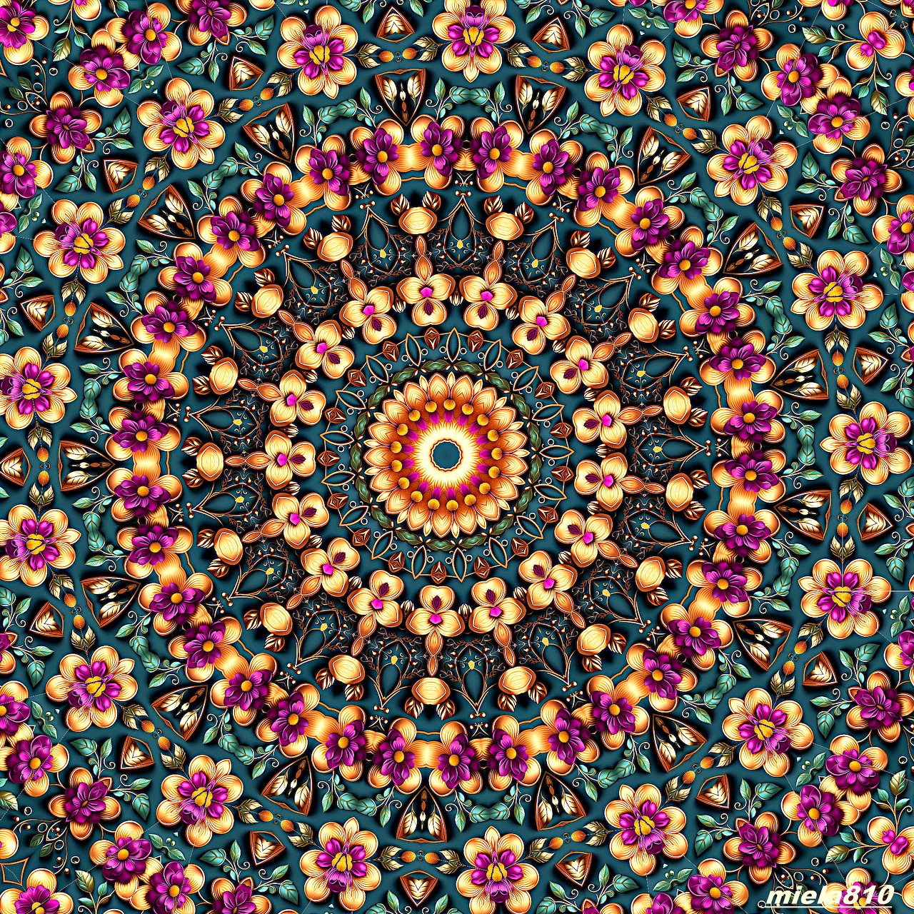 Colorful floral mandala with symmetrical pattern of pink and yellow flowers on dark background