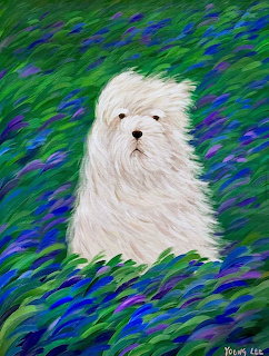 White fluffy sheepdog portrait on colorful brushstroke background