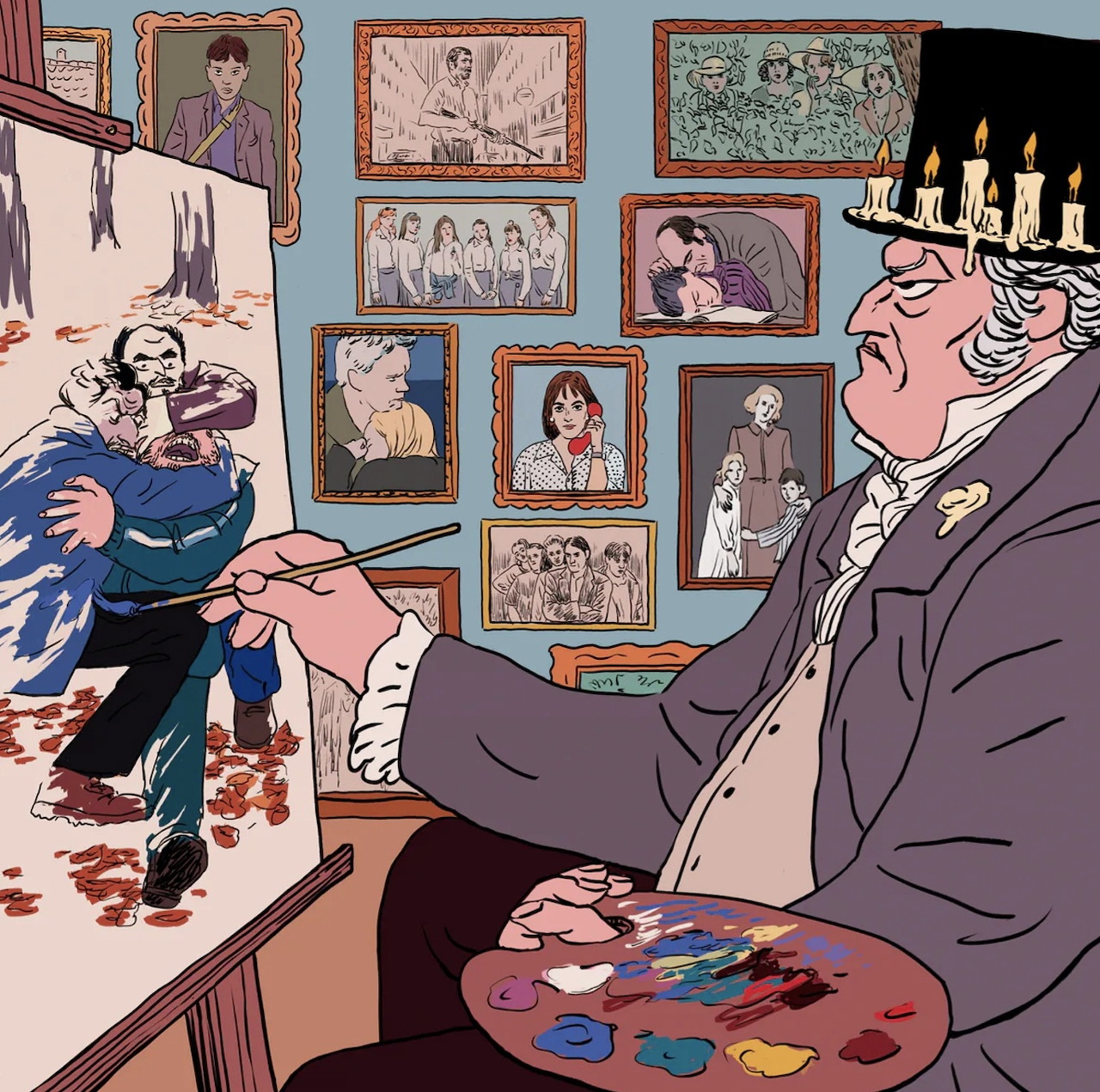 Illustration of a large man in a top hat painting at an easel surrounded by framed portraits