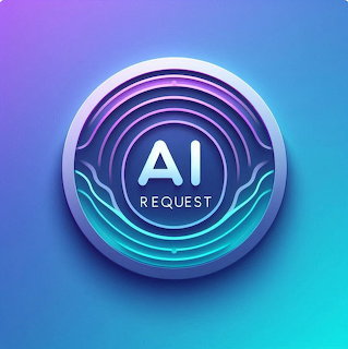 Circular AI Request logo with layered rings on a blue and purple gradient background