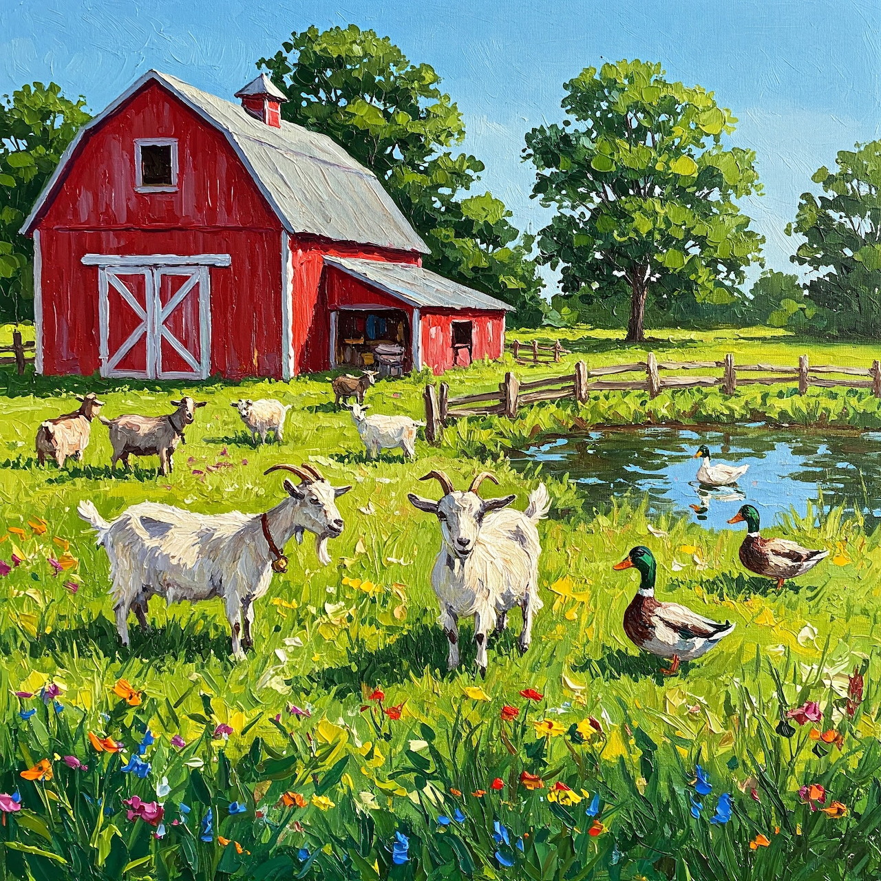 Red barn on farm with goats and ducks grazing in green pasture by pond under blue sky