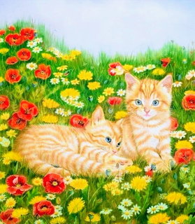 Painting of two orange tabby kittens lying in a flower meadow with poppies and dandelions