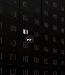 Dark apartment building at night with a single illuminated window labeled artist