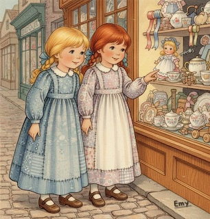 Two vintage-dressed girls looking into a toy and teacup shop window