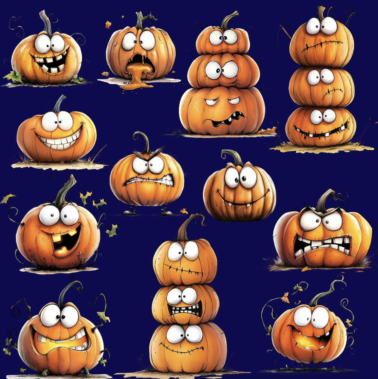 Grid of cartoon jack-o'-lanterns with silly faces and big googly eyes stacked in funny arrangements