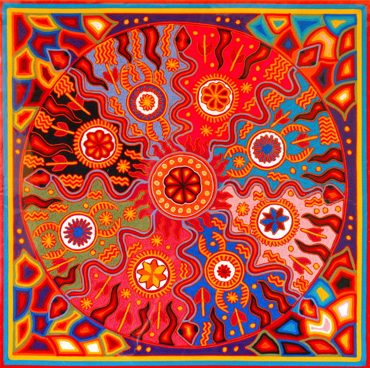 Colorful abstract circular artwork with intricate red, orange, blue, and pink patterns