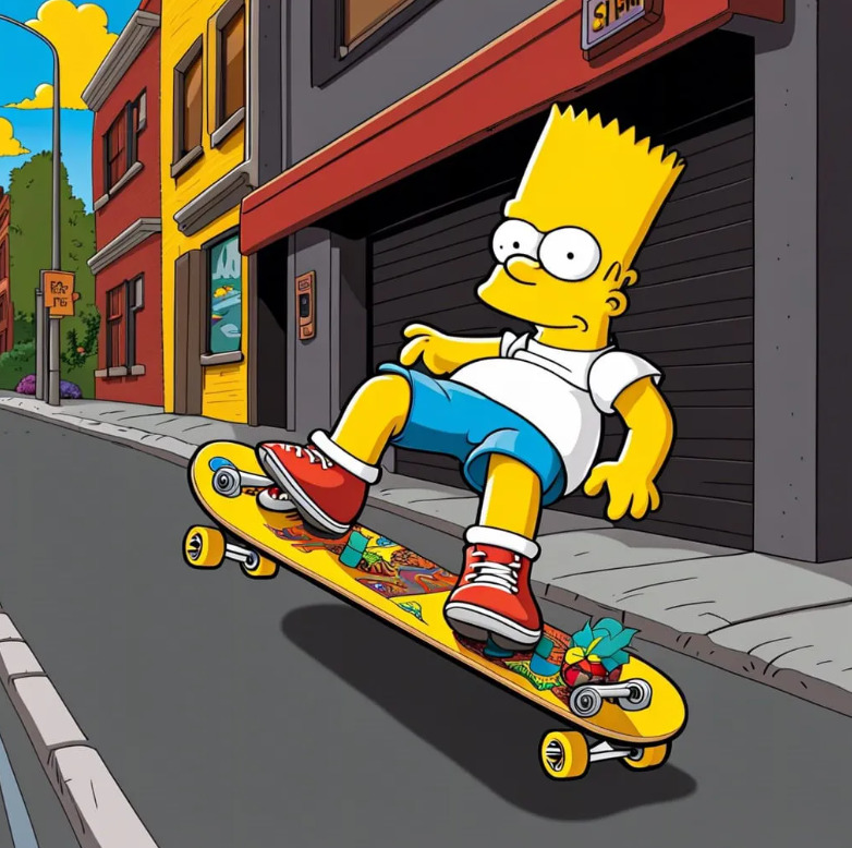 Bart Simpson riding a skateboard on a city street