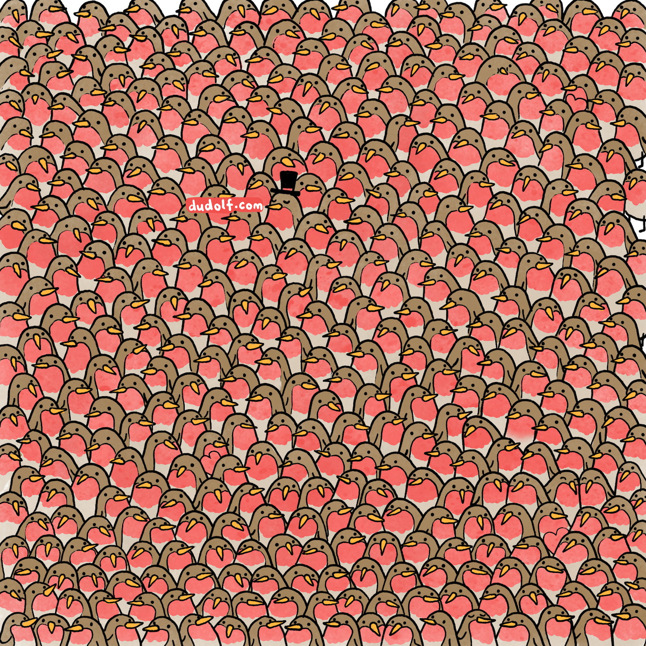 Cartoon crowd of red-breasted robins with three hidden pink hearts