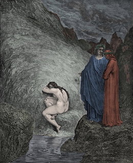 Engraved illustration showing robed figures watching a nude soul in a shadowy mountainous setting