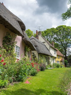 Pink thatched cottage with blooming garden flowers and green lawn