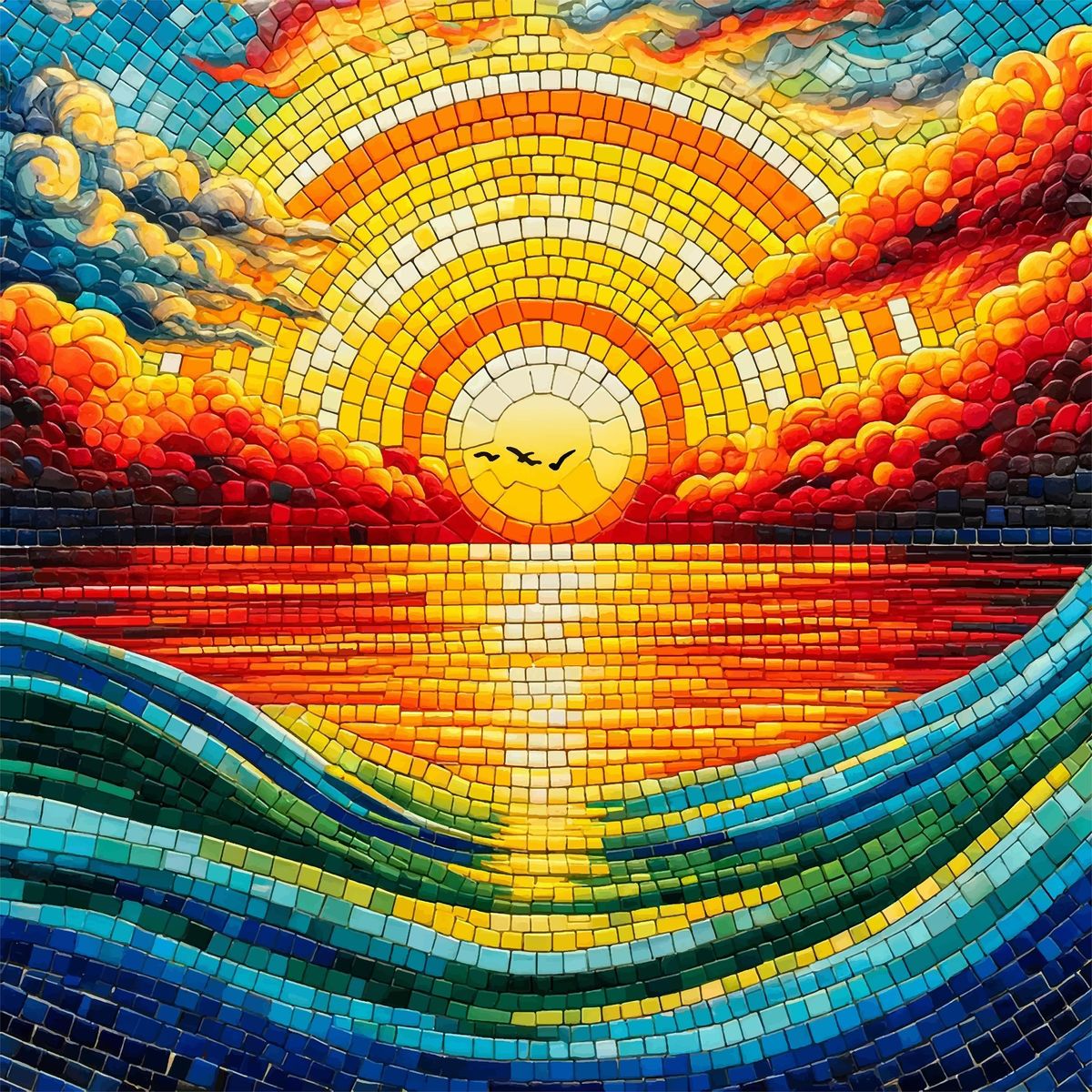 Mosaic art of colorful sunset over ocean with rainbow clouds and waves in small tile pattern