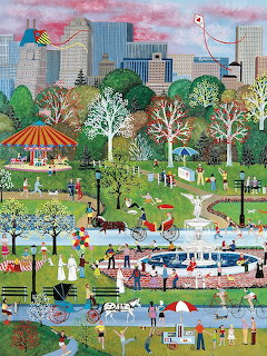 Folk art painting of Central Park in spring with carousel, pond, trees, kites and city buildings