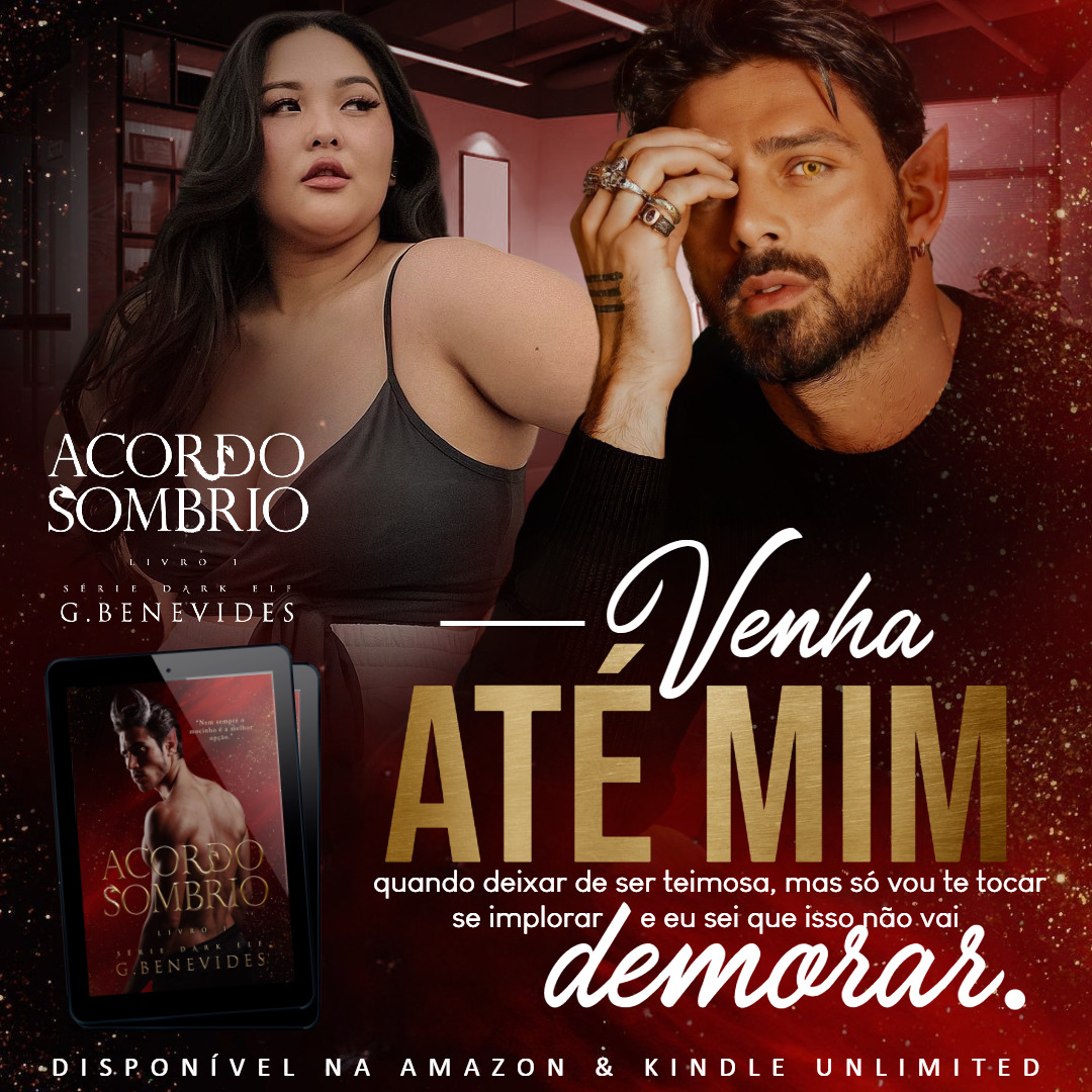 Promotional graphic with a man and woman and Portuguese text on a dark red background