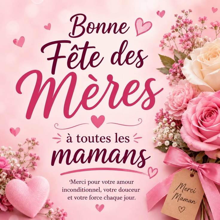 French Mother's Day greeting card with pink roses, hearts, and floral decorations