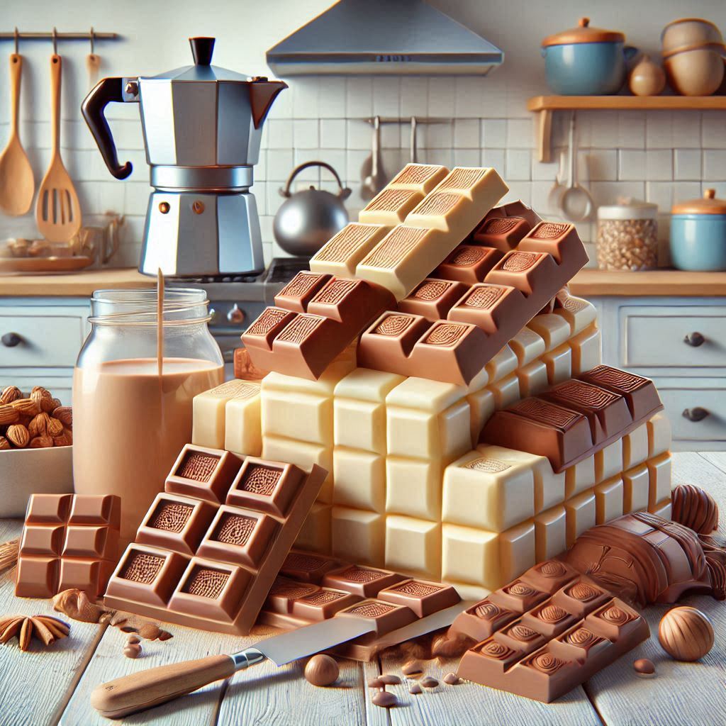 Three stacked chocolate bars in white, milk, and dark chocolate on a kitchen counter