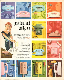 Vintage ad showing grid of colorful rotary phones with woman holding telephone receiver