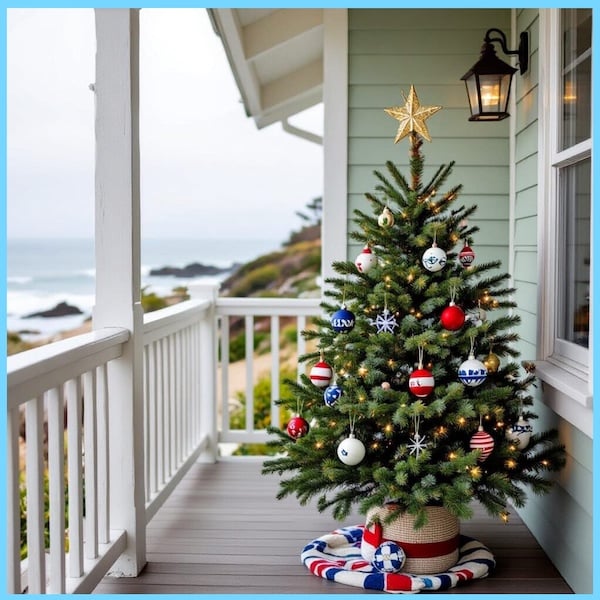 Decorated Christmas tree on beachfront porch with ocean view