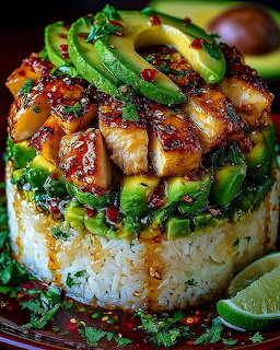 Molded rice topped with glazed chicken, sliced avocado, cilantro, and drizzled with chili sauce