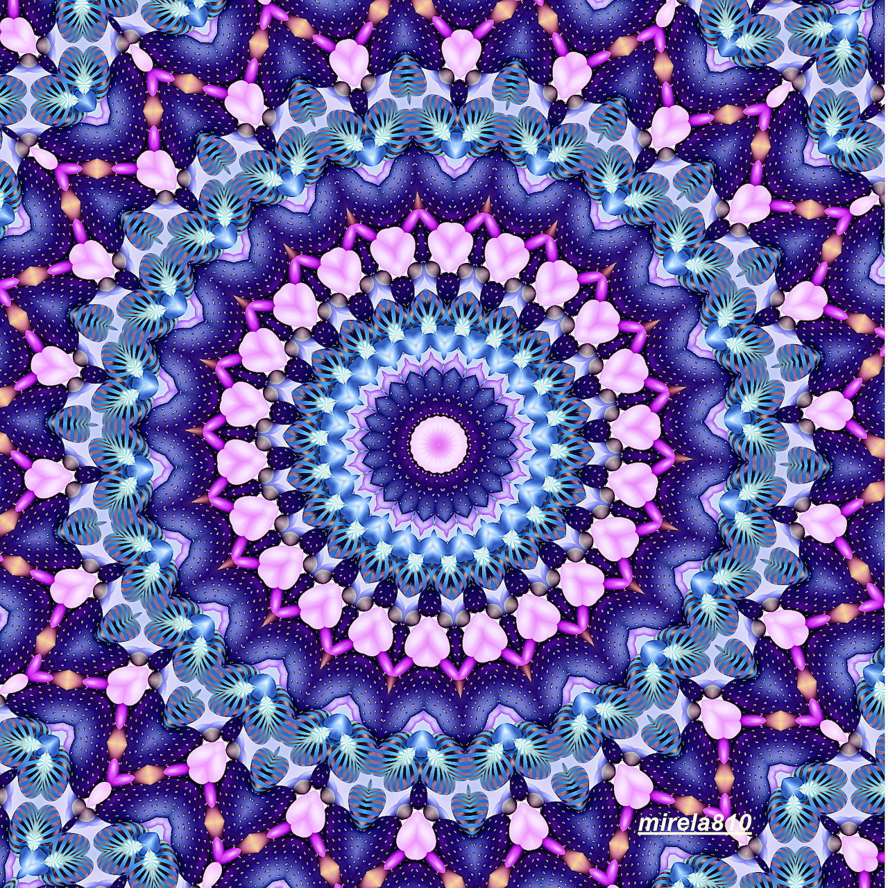 Symmetrical mandala with blue chevron patterns and pink circular flower motifs radiating from purple center