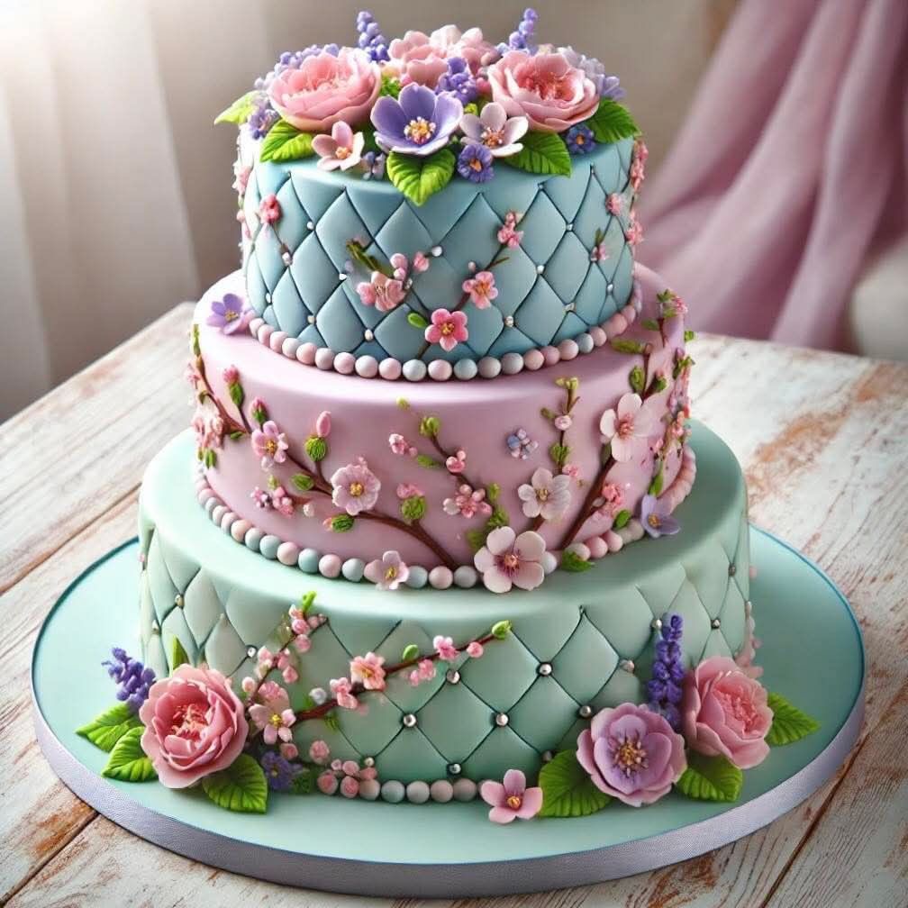 Three-tier pastel cake with floral decorations and quilted fondant icing