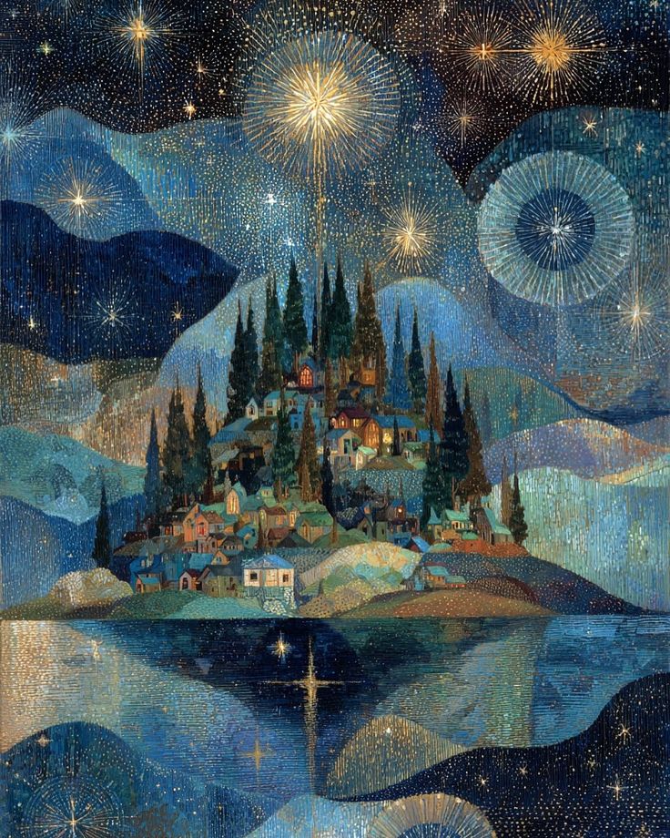 Fantasy island with castle under swirling starry night sky reflected in water